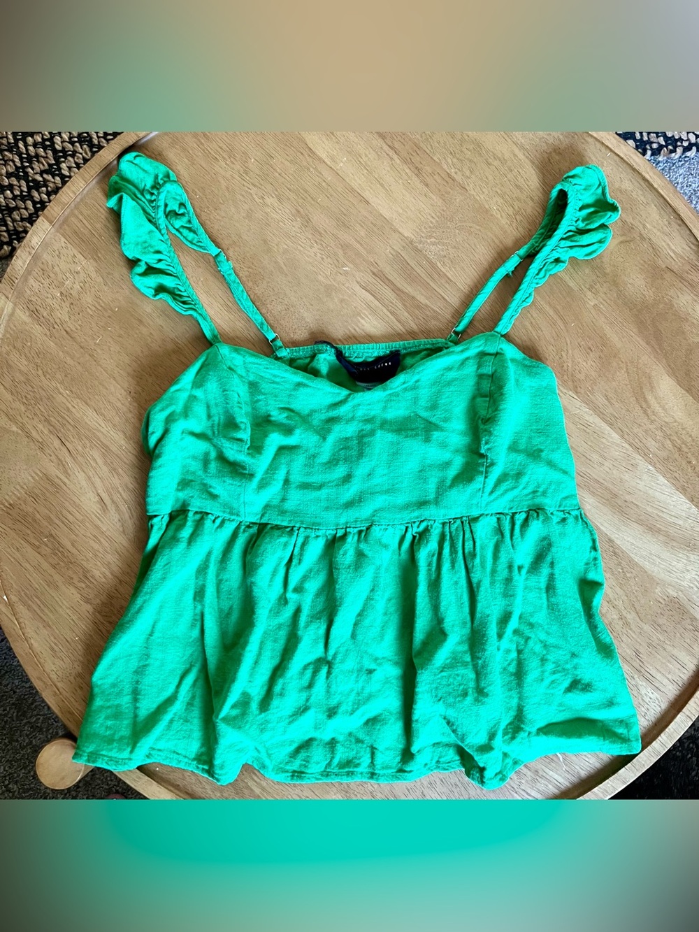 Know One Cares Green Cotton Linen Babydoll Cami adjustable strap Top Boho Y2K